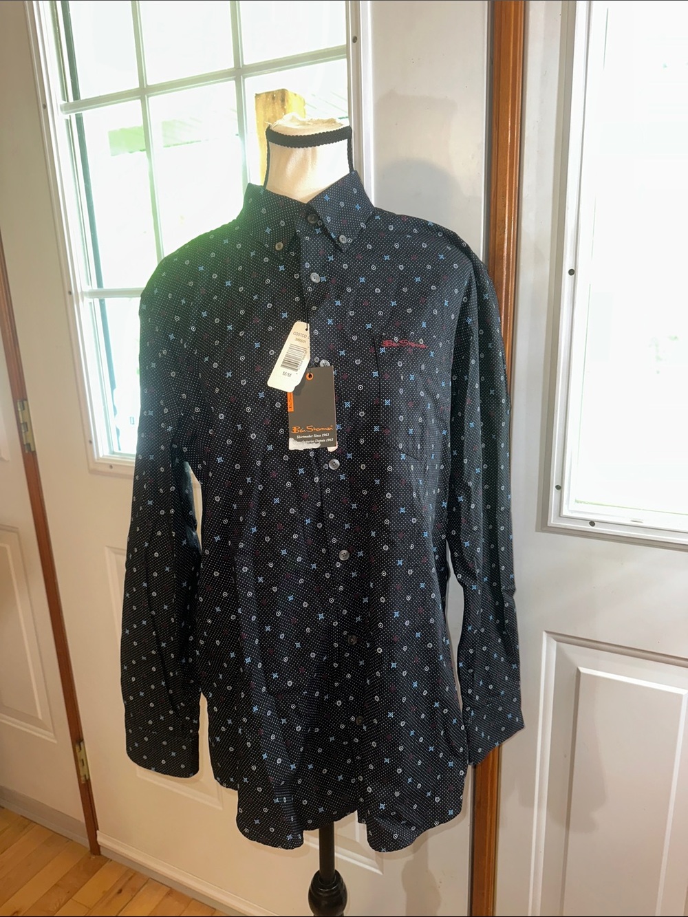 NWT Ben Sherman Black Long-Sleeve Shirt with Blue Dot Pattern